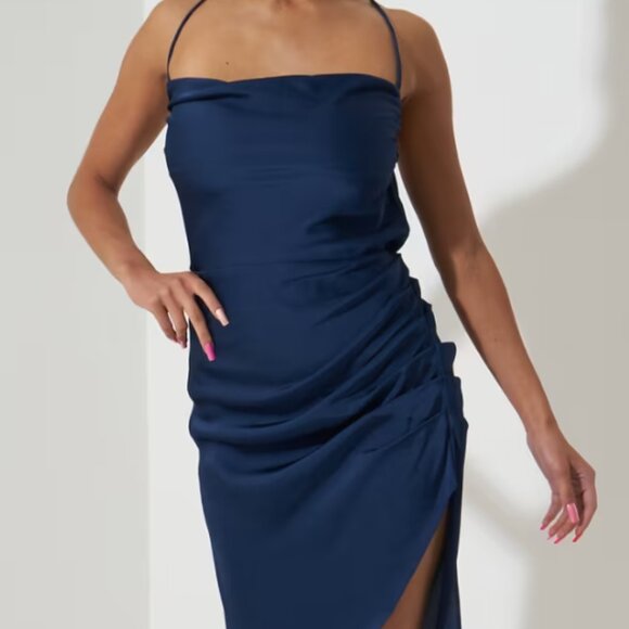 Blue Cowl neck thigh spilt midi dress in satin navy - Picture 2 of 5